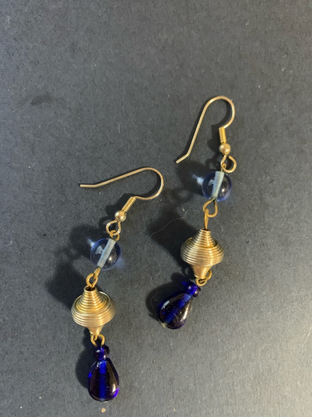 Gold-Tone Wire & Blue Glass Drop Earrings